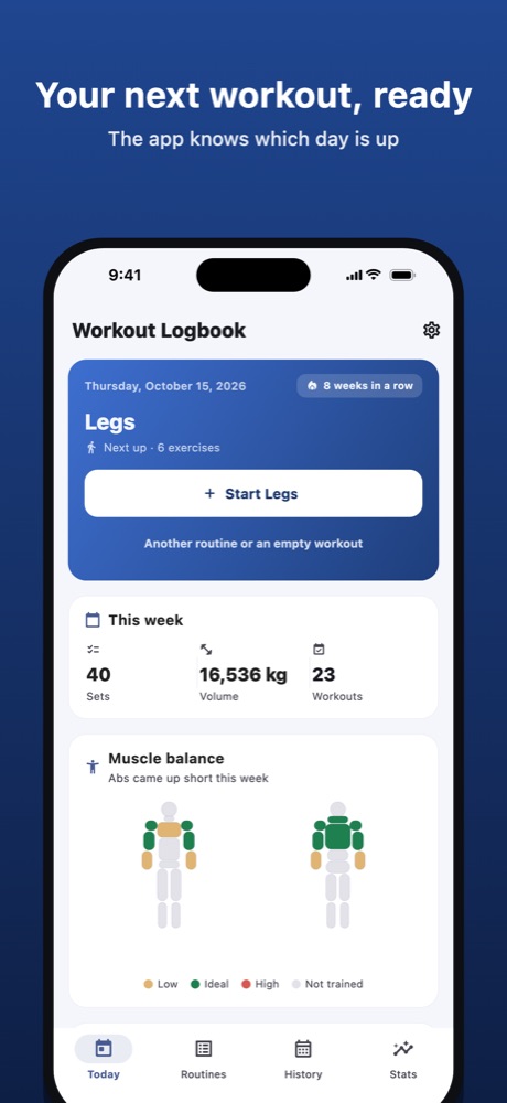 The home screen with your next workout