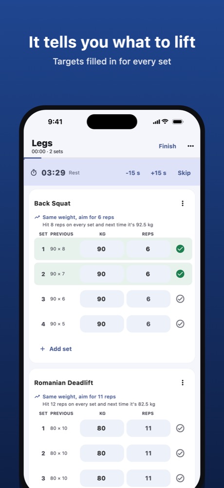 A workout with targets filled in